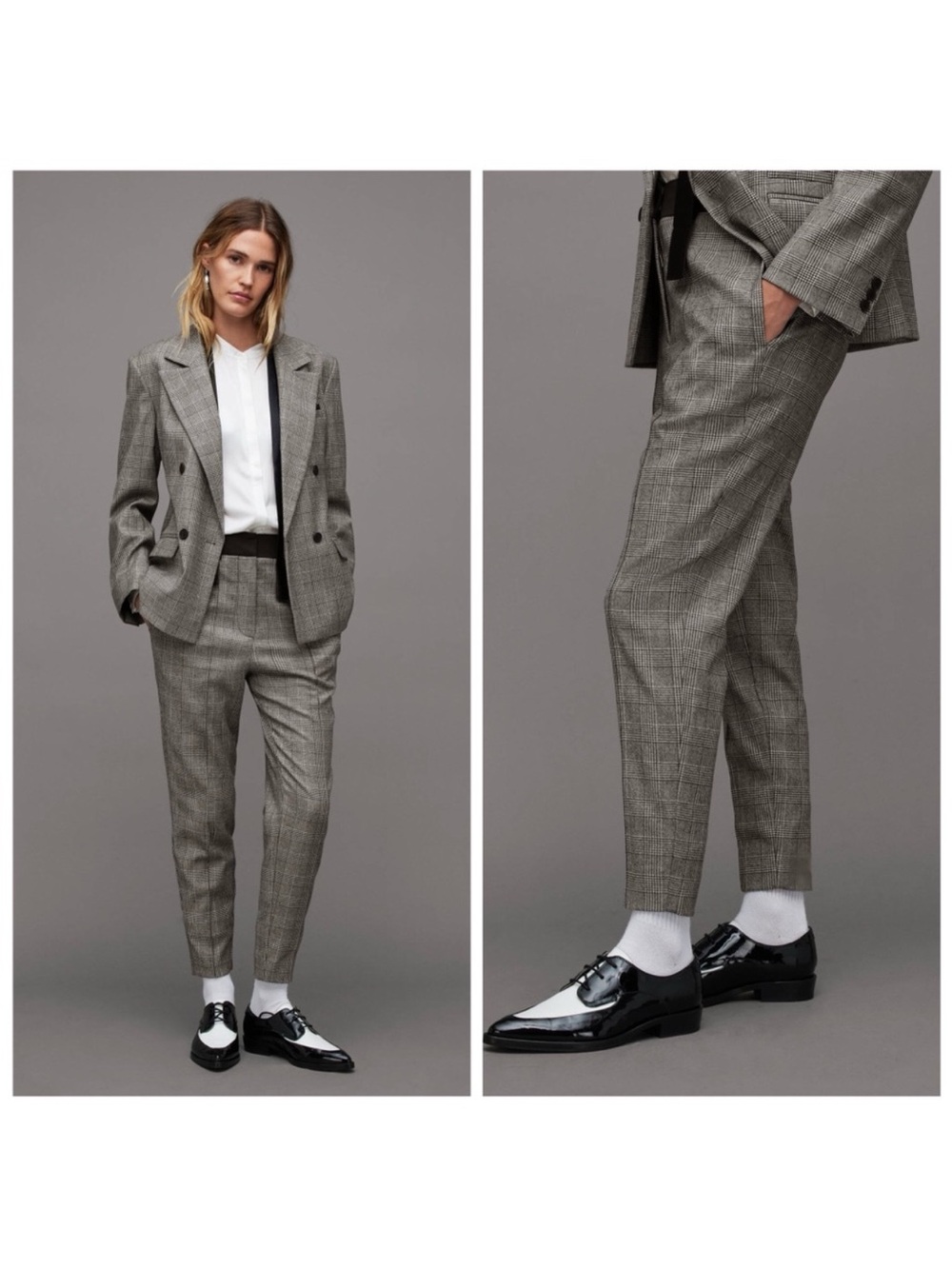 AllSaints Women’s Bea Wool Blend Plaid Slim-Leg Trousers – Gray, US 6